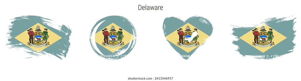 Delaware dibujado a mano conjunto de iconos de la bandera de estilo grunge. Banner del estado de Estados Unidos con colores oficiales. Forma de trazo de brocha libre, círculo y forma de corazón. Ilustración vectorial plana aislada en blanco.