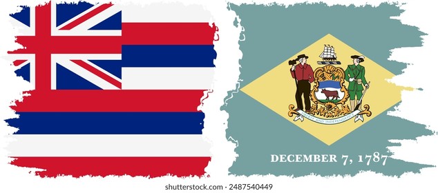 Delaware and Hawaii states grunge brush flags connection, vector