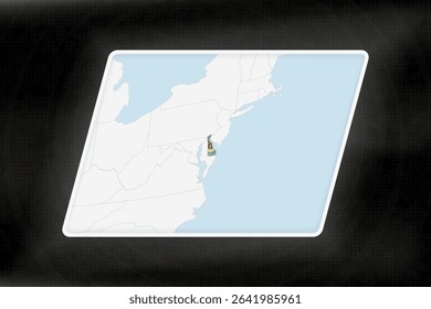 Delaware Highlighted in Flag Colors on Geographic Map. Modern Map on a dark abstract backdrop.