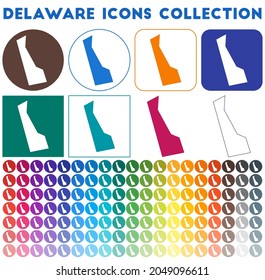 Delaware icons collection. Bright colorful trendy map icons. Modern Delaware badge with US state map. Vector illustration.