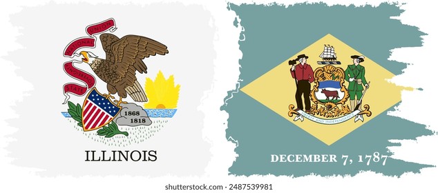 Delaware and Illinois states grunge brush flags connection, vector