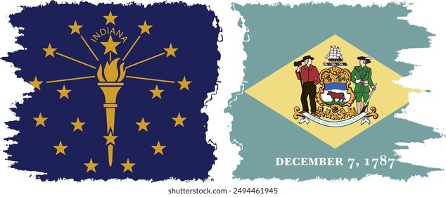 Delaware and Indiana states grunge brush flags connection, vector