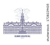 Delaware Legislative Hall located in the city of Dover. The state capitol building and government of U.S. state Delaware. The great example of Colonial Revival style. City sight linear vector logo