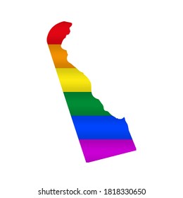 Delaware LGBT flag map. Vector illustration. Slightly wavy rainbow gay pride flag map.