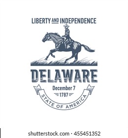 Delaware Liberty and Independence, stylized emblem of the state of America, horse, rider, blue color