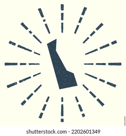 Delaware Logo. Grunge sunburst poster with map of the us state. Shape of Delaware filled with hex digits with sunburst rays around. Charming vector illustration.