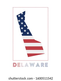 Delaware Logo. Map of Delaware with US state name and flag. Amazing vector illustration.