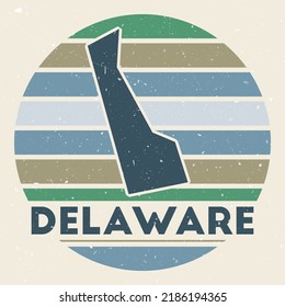 Delaware logo. Sign with the map of us state and colored stripes, vector illustration. Can be used as insignia, logotype, label, sticker or badge of the Delaware.