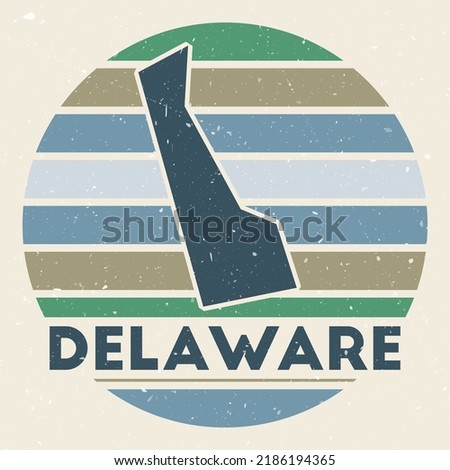 Delaware logo. Sign with the map of the US state and colored stripes, vector illustration. Can be used as insignia, logotype, label, sticker, or badge of Delaware.