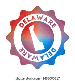 Delaware low poly logo. Colorful gradient travel logo of the US state in geometric style. Multicolored polygonal Delaware rounded sign with map for your infographics.