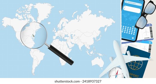 Delaware is magnified over a World Map, illustration with airplane, passport, boarding pass, compass and eyeglasses. Vector illustration.