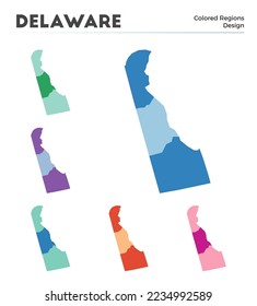 Delaware map collection. Borders of Delaware for your infographic. Colored US state regions. Vector illustration.