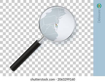 Delaware map with flag in magnifying glass on transparent background. Vector loupe with map.