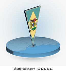 Delaware map in round isometric style with triangular 3D flag of US State Delaware, vector map in blue color.