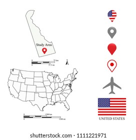Delaware map scale. USA map scale miles and kilometers. United States map vector outline. USA flag and navigation pointer icons. A creative map for educational purposes