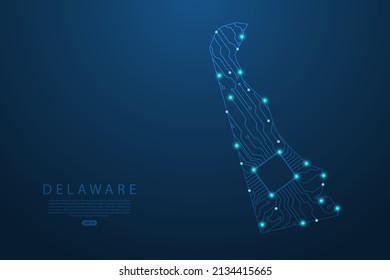 Delaware Map - United States of America Map vector with Abstract futuristic circuit board. High-tech technology mash line and point scales on dark background - Vector illustration ep 10