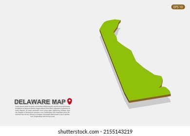 Delaware Map - USA, Vereinigte Staaten von Amerika Karte Vektorvorlage mit isometrischem Stil inklusive Schatten, Grün und Braun einzeln auf weißem Hintergrund - Vektorgrafik eps10