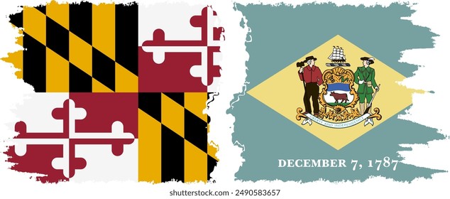 Delaware and Maryland states grunge brush flags connection, vector