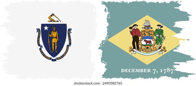 Delaware and Massachusetts states grunge brush flags connection, vector