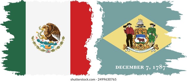 Delaware and Mexico grunge brush flags connection, vector