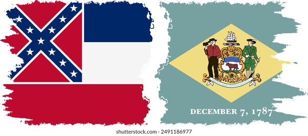 Delaware and Mississippi states grunge brush flags connection, vector