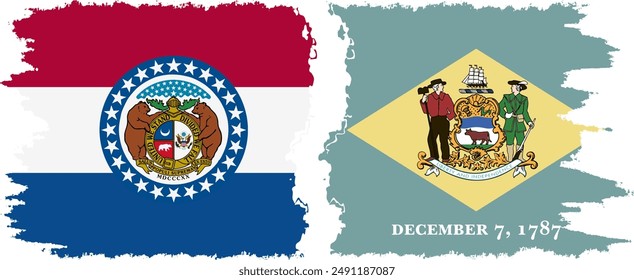 Delaware and Missouri states grunge brush flags connection, vector