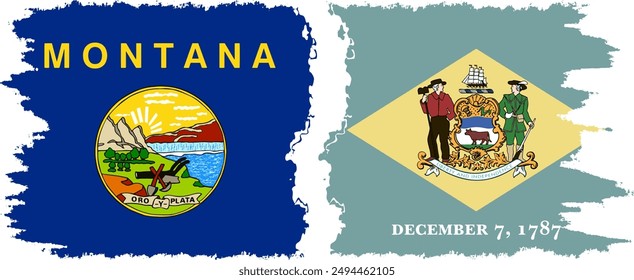 Delaware and Montana states grunge brush flags connection, vector