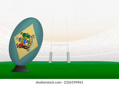 Delaware national team rugby ball on rugby stadium and goal posts, preparing for a penalty or free kick. Vector illustration.