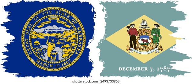 Delaware and Nebraska states grunge brush flags connection, vector