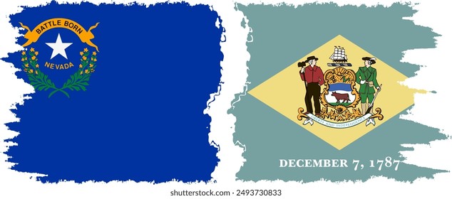 Delaware and Nevada states grunge brush flags connection, vector