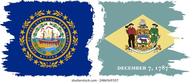 Delaware and New Hampshire states grunge brush flags connection, vector