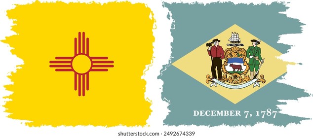 Delaware and New Mexico states grunge brush flags connection, vector