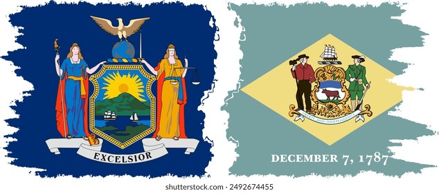 Delaware and New York states grunge brush flags connection, vector