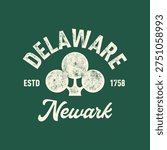 Delaware, Newark with grunge texture emblem and print. Vintage hand drawn wanderlust style. Isolated on white background. Good for t shirt, mug, other identity. 