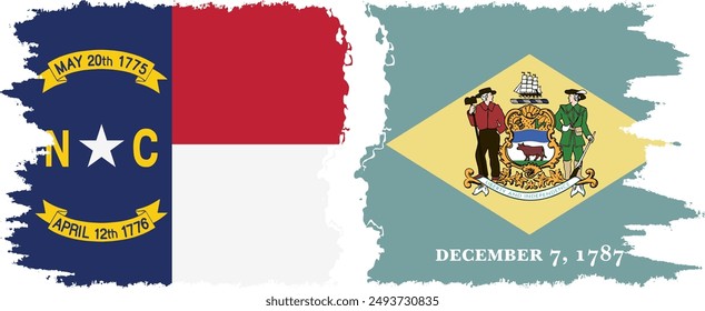 Delaware and North Carolina states grunge brush flags connection, vector