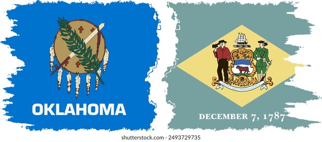 Delaware and Oklahoma states grunge brush flags connection, vector