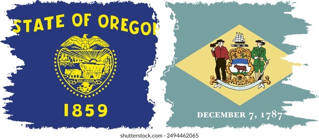 Delaware and Oregon states grunge brush flags connection, vector