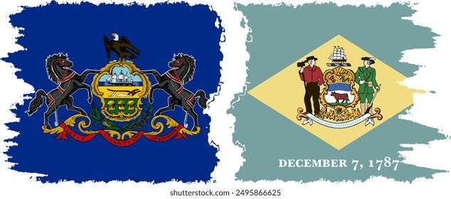 Delaware and Pennsylvania states grunge brush flags connection, vector