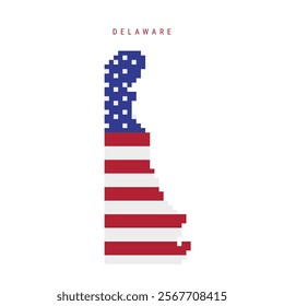 Delaware pixel flag map icon. 8 bit pixel art map covered with american flag. Flat vector illustration isolated on white background.