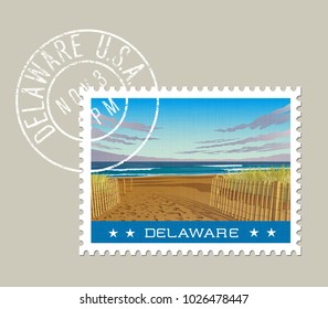 Diseño del sello postal de Delaware. Ilustración vectorial de las olas de playa y océano. Grunge la marca postal en una capa separada.