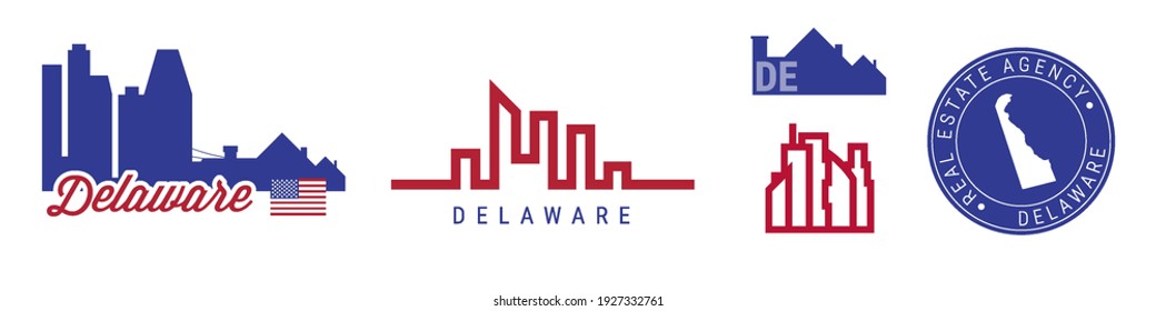 Delaware real estate agency. US realty emblem icon set. Flat vector illustration. American flag colors. Big city and suburbs. Simple silhouette map in the round seal stamp.