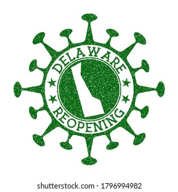 Delaware Reopening Stamp. Green round badge of US state with map of Delaware. US state opening after lockdown. Vector illustration.