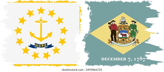 Delaware and Rhode Island states grunge brush flags connection, vector