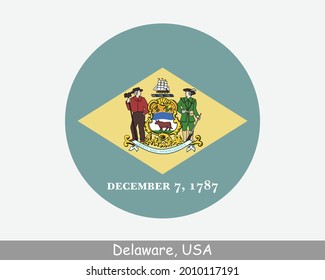 Delaware Round Circle Flag. DE USA State Circular Button Banner Icon. Delaware United States of America State Flag. The First State EPS Vector