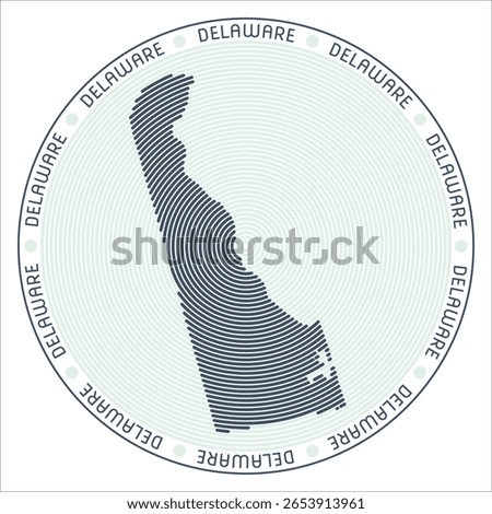 Delaware round logo design. State shape built of rings. Delaware text around the state. Vector Illustration.
