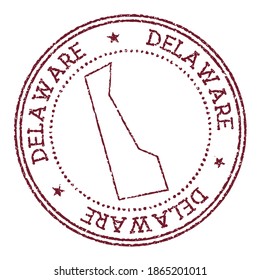 Delaware round rubber stamp with us state map. Vintage red passport stamp with circular text and stars, vector illustration.