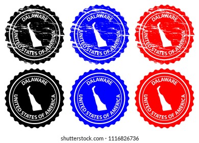 Delaware - rubber stamp - vector, Delaware (United States of America) map pattern - sticker - black, blue and red 