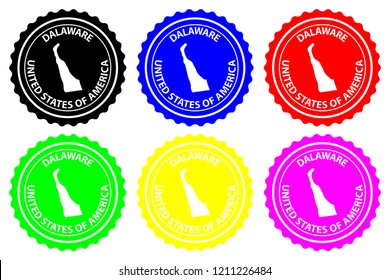 Delaware - rubber stamp - vector, Delaware (United States of America) map pattern - sticker - black, blue, green, yellow, purple and red 