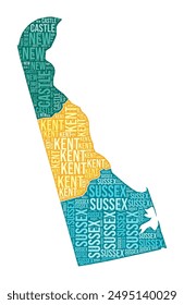 Delaware shape. State word cloud with county division. Delaware colored illustration. County names cloud. Vector illustration.