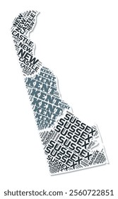 Delaware shape text cloud. State border with shadow on white background. Delaware with counties division in vintage gazette style. Creative vector illustration.